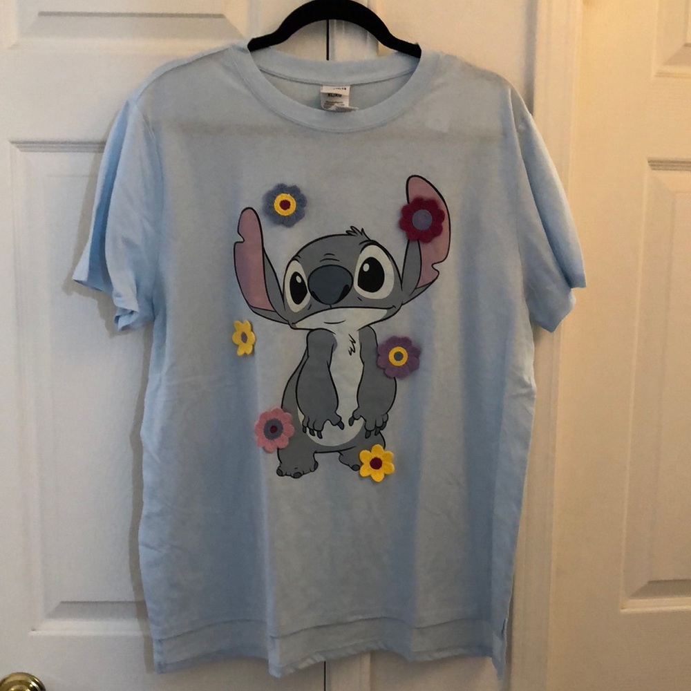 Disney Stitch Blue Graphic T-Shirt With Embroidered Flowers XL
